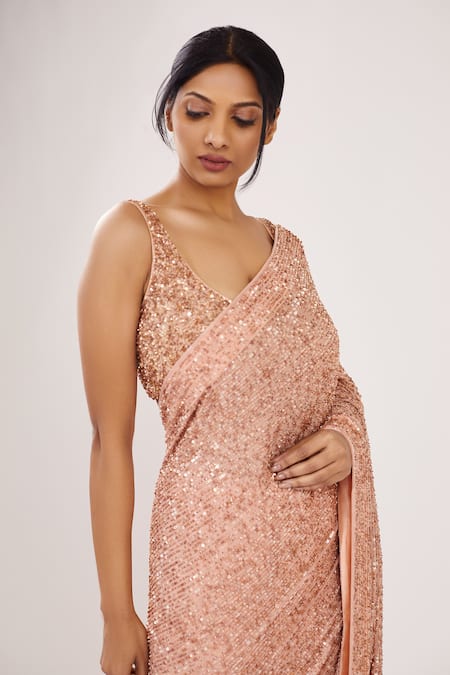 Buy_Nakul Sen_Pink Chiffon U Neck Embroidered Saree With Blouse _Online_at_Aza_Fashions