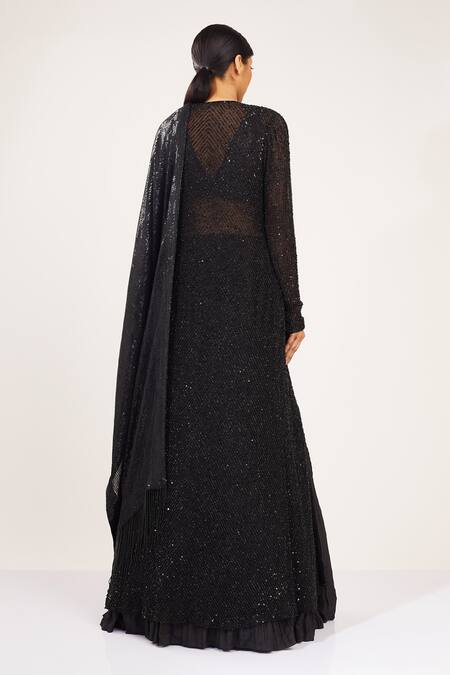Shop Nakul Sen Black Chiffon Jacket Round Embroidered And Lehenga Set at Aza Fashions Shop_Nakul Sen_Black Chiffon Jacket Round Embroidered And Lehenga Set_at_Aza_Fashions