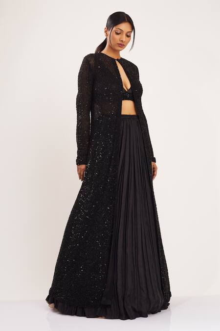 Nakul Sen Black Chiffon Jacket Round Embroidered And Lehenga Set Online at Aza Fashions Nakul Sen_Black Chiffon Jacket Round Embroidered And Lehenga Set_Online_at_Aza_Fashions
