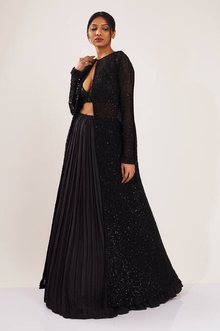 Buy Nakul Sen Black Chiffon Jacket Round Embroidered And Lehenga Set Online at Aza Fashions Buy_Nakul Sen_Black Chiffon Jacket Round Embroidered And Lehenga Set_Online_at_Aza_Fashions