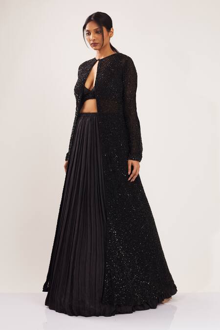 Shop Nakul Sen Black Chiffon Jacket Round Embroidered And Lehenga Set Online at Aza Fashions Shop_Nakul Sen_Black Chiffon Jacket Round Embroidered And Lehenga Set_Online_at_Aza_Fashions
