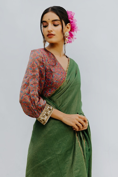 Pistachio Green Handloom Cotton Saree With Silk Blouse