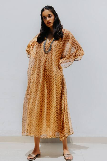 Buy_Mimamsaa_Gold Tissue, Chanderi V Neck Printed Kaftan_Online_at_Aza_Fashions