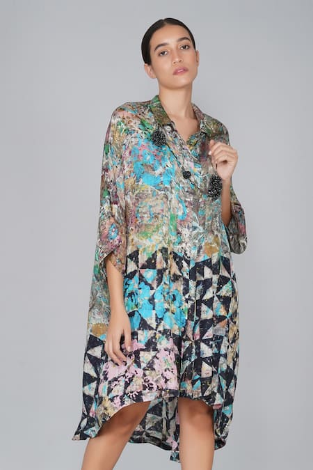 Yavi Multi Color 100% Silk Shirt Collar Printed Dress