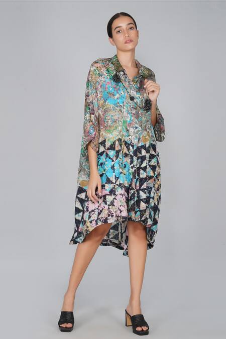 Buy Yavi Multi Color 100% Silk Shirt Collar Printed Dress Online at Aza Fashions Buy_Yavi_Multi Color 100% Silk Shirt Collar Printed Dress _Online_at_Aza_Fashions