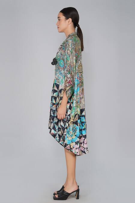 Shop Yavi Multi Color 100% Silk Shirt Collar Printed Dress Online at Aza Fashions Shop_Yavi_Multi Color 100% Silk Shirt Collar Printed Dress _Online_at_Aza_Fashions