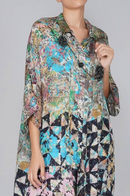 Yavi Multi Color 100% Silk Shirt Collar Printed Dress at Aza Fashions Yavi_Multi Color 100% Silk Shirt Collar Printed Dress _at_Aza_Fashions