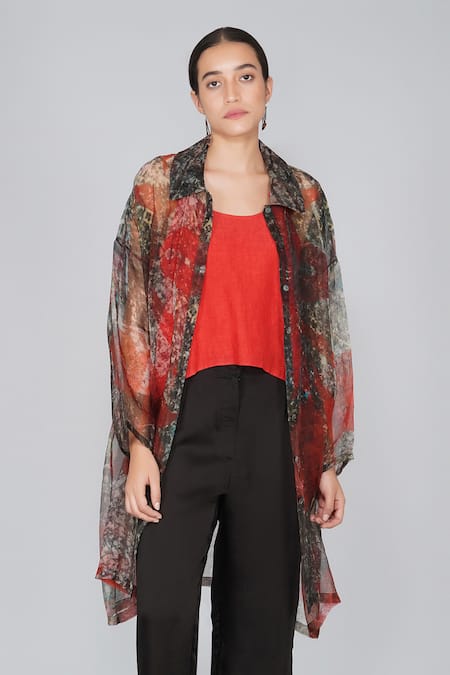 Yavi Multi Color 100% Silk Organza Spread Collar Jacket