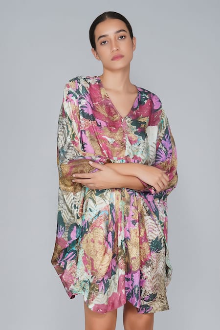 Yavi Multi Color 100% Silk V Neck Printed Tunic