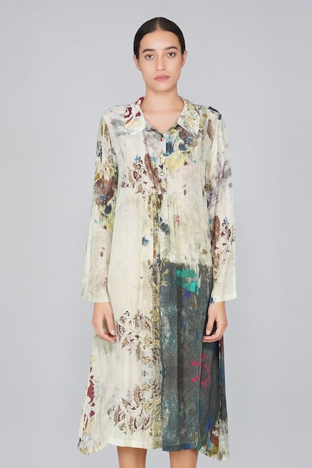 Yavi Multi Color 36% Viscose, 64% Cupro Spread Collar Printed Dress