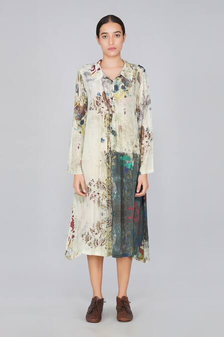 Buy_Yavi_Multi Color 36% Viscose, 64% Cupro Spread Collar Printed Dress _Online_at_Aza_Fashions