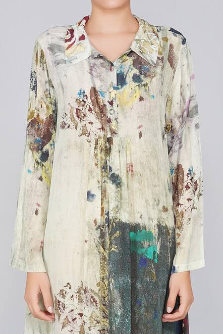 Yavi Multi Color 36% Viscose, 64% Cupro Spread Collar Printed Dress at Aza Fashions Yavi_Multi Color 36% Viscose, 64% Cupro Spread Collar Printed Dress _at_Aza_Fashions