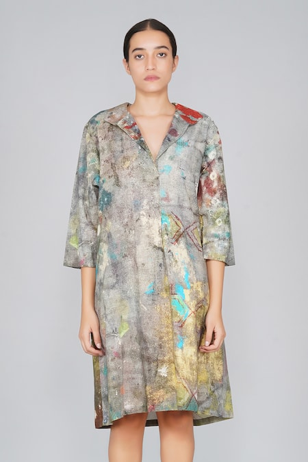 Yavi Multi Color 100% Cotton Spread Collar Printed Dress