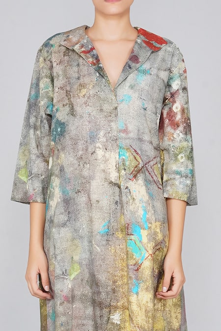 Yavi Multi Color 100% Cotton Spread Collar Printed Dress at Aza Fashions Yavi_Multi Color 100% Cotton Spread Collar Printed Dress _at_Aza_Fashions