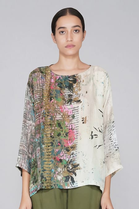 Yavi Multi Color 100% Silk Round Printed Top