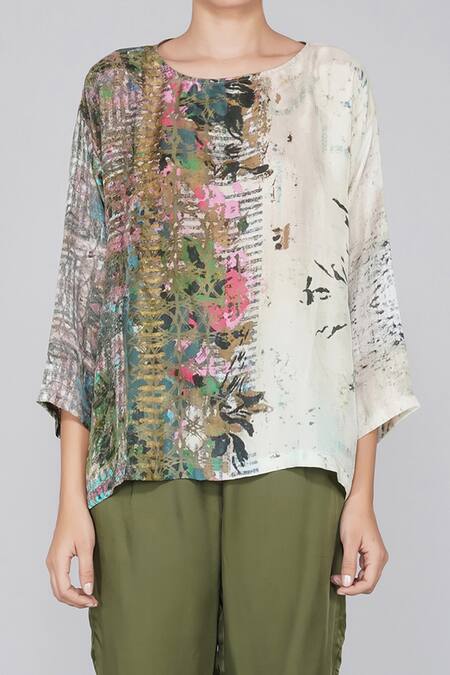 Yavi Multi Color 100% Silk Round Printed Top at Aza Fashions Yavi_Multi Color 100% Silk Round Printed Top _at_Aza_Fashions