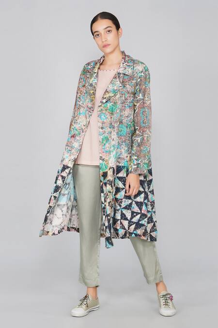 Shop Yavi Multi Color 100% Linen Notched Lapel Printed Jacket Online at Aza Fashions Shop_Yavi_Multi Color 100% Linen Notched Lapel Printed Jacket _Online_at_Aza_Fashions