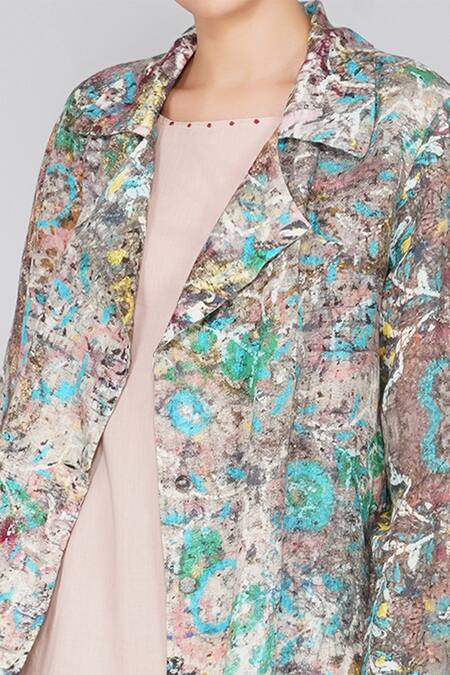Yavi Multi Color 100% Linen Notched Lapel Printed Jacket at Aza Fashions Yavi_Multi Color 100% Linen Notched Lapel Printed Jacket _at_Aza_Fashions