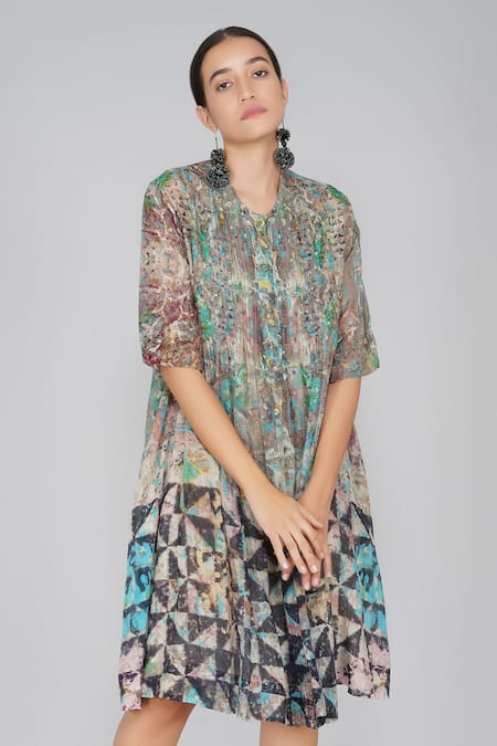 Yavi Multi Color 40% Silk, 60% Cotton V Neck Printed Dress