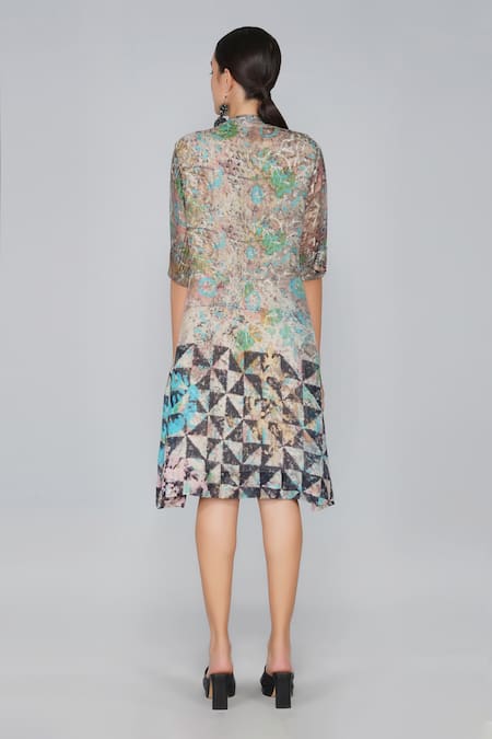 Shop Yavi Multi Color 40% Silk, 60% Cotton V Neck Printed Dress at Aza Fashions Shop_Yavi_Multi Color 40% Silk, 60% Cotton V Neck Printed Dress _at_Aza_Fashions