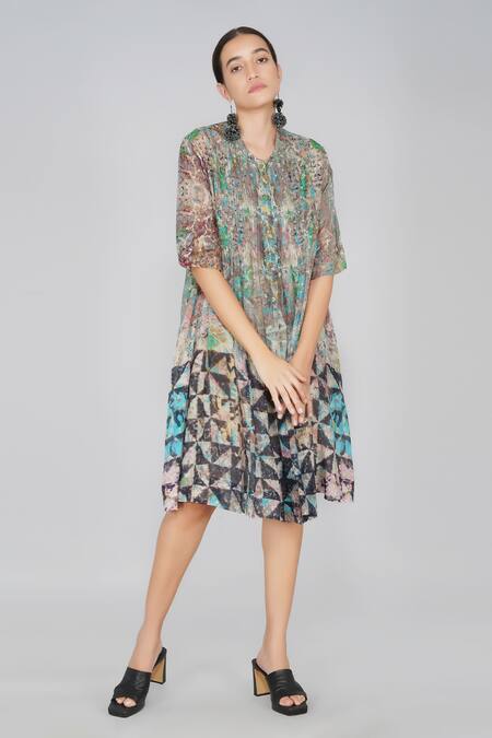 Yavi Multi Color 40% Silk, 60% Cotton V Neck Printed Dress Online at Aza Fashions Yavi_Multi Color 40% Silk, 60% Cotton V Neck Printed Dress _Online_at_Aza_Fashions