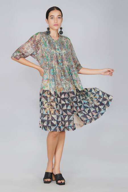 Buy Yavi Multi Color 40% Silk, 60% Cotton V Neck Printed Dress Online at Aza Fashions Buy_Yavi_Multi Color 40% Silk, 60% Cotton V Neck Printed Dress _Online_at_Aza_Fashions