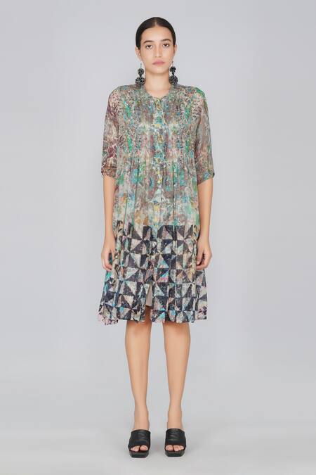 Shop Yavi Multi Color 40% Silk, 60% Cotton V Neck Printed Dress Online at Aza Fashions Shop_Yavi_Multi Color 40% Silk, 60% Cotton V Neck Printed Dress _Online_at_Aza_Fashions