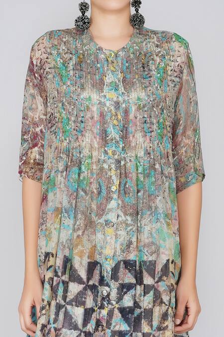 Yavi Multi Color 40% Silk, 60% Cotton V Neck Printed Dress at Aza Fashions Yavi_Multi Color 40% Silk, 60% Cotton V Neck Printed Dress _at_Aza_Fashions