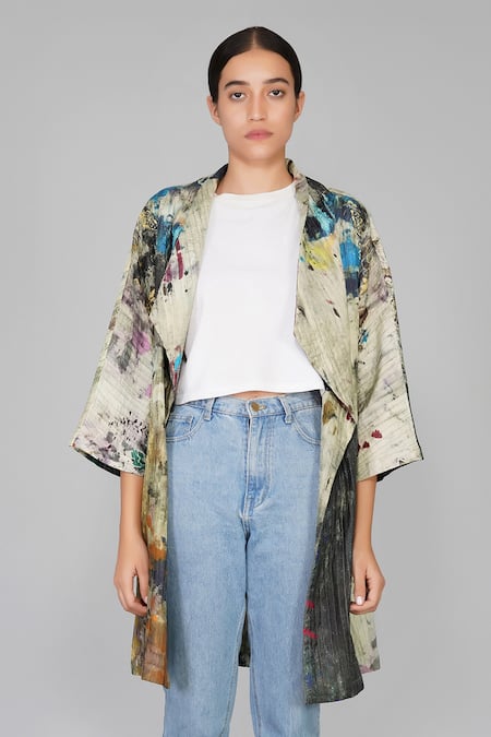 Yavi Multi Color 100% Silk Open Printed Jacket