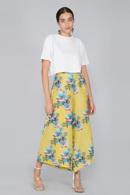 Yavi Yellow 100% Linen Floral Print Palazzo