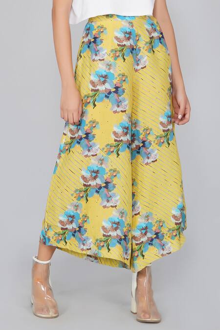 Shop Yavi Yellow 100% Linen Floral Print Palazzo Online at Aza Fashions Shop_Yavi_Yellow 100% Linen Floral Print Palazzo _Online_at_Aza_Fashions