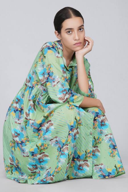 Buy_Yavi_Green 100% Cotton Spread Collar Printed Dress_Online_at_Aza_Fashions