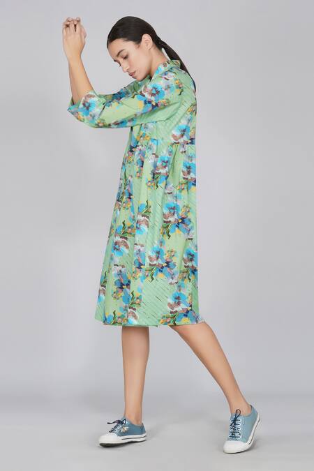 Shop_Yavi_Green 100% Cotton Spread Collar Printed Dress_Online_at_Aza_Fashions
