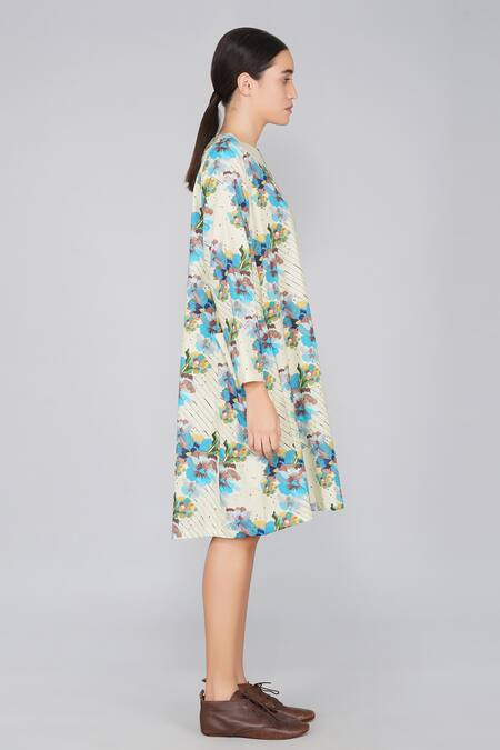 Yavi_White 100% Cotton Round Floral Print Dress _Online_at_Aza_Fashions