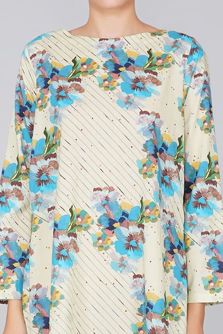 Yavi_White 100% Cotton Round Floral Print Dress _at_Aza_Fashions