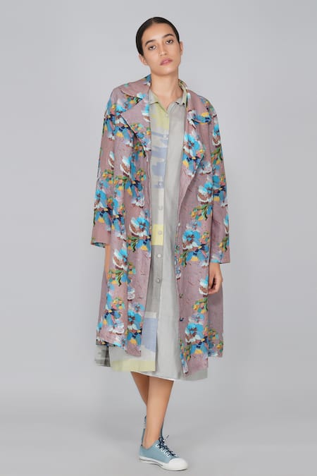 Yavi Pink 100% Linen Notched Lapel Floral Print Jacket
