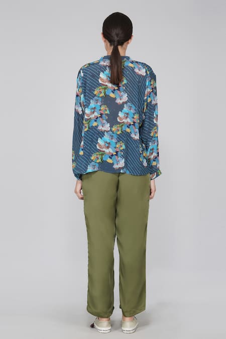 Shop Yavi Blue 36% Viscose, 64% Cupro Mandarin Collar Printed Top at Aza Fashions Shop_Yavi_Blue 36% Viscose, 64% Cupro Mandarin Collar Printed Top _at_Aza_Fashions