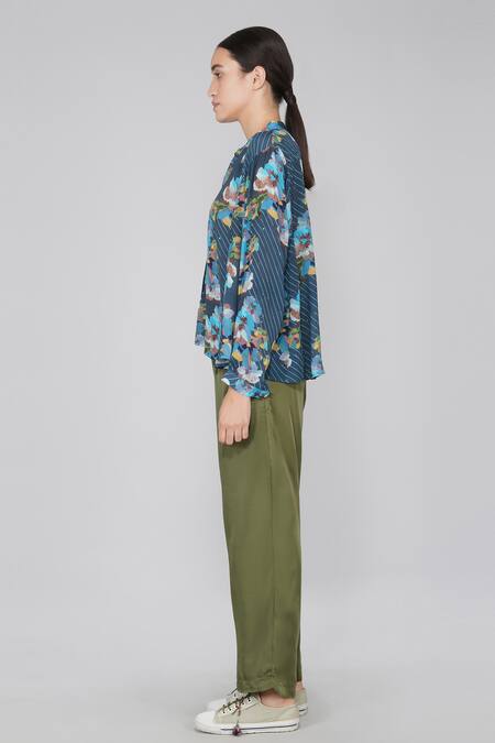 Shop Yavi Blue 36% Viscose, 64% Cupro Mandarin Collar Printed Top Online at Aza Fashions Shop_Yavi_Blue 36% Viscose, 64% Cupro Mandarin Collar Printed Top _Online_at_Aza_Fashions