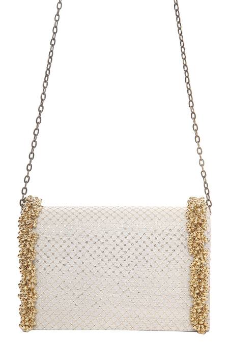 5elements_White Embroidered Embellished Flap Clutch With Sling _Online_at_Aza_Fashions