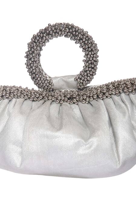 5elements_Silver Embroidered Chevron Handbag With Beaded Handle _Online_at_Aza_Fashions