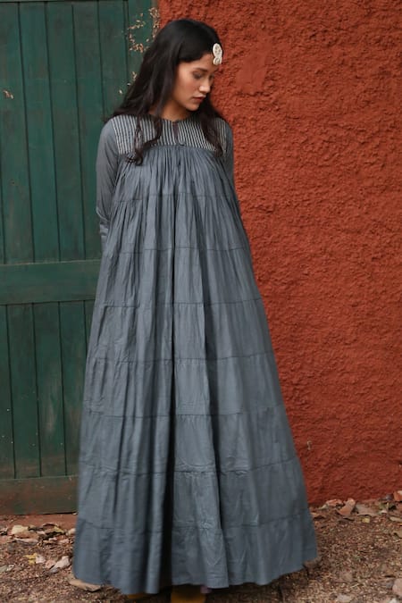 Chambray & CO._Grey Cotton Mul Round Tiered Maxi Dress _Online_at_Aza_Fashions