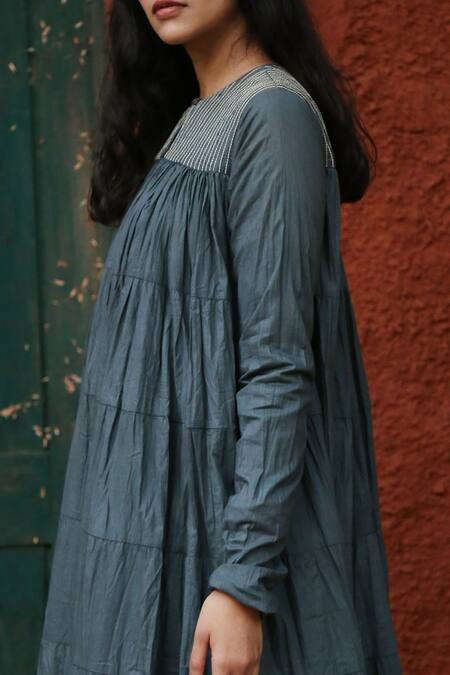 Chambray & CO. Grey Cotton Mul Round Tiered Maxi Dress at Aza Fashions Chambray & CO._Grey Cotton Mul Round Tiered Maxi Dress _at_Aza_Fashions