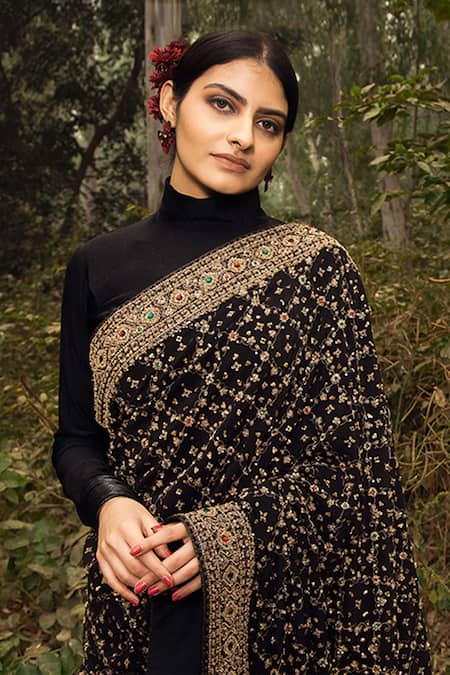 Buy_Nitya Bajaj_Black Georgette Embroidery High Neck Collar Saree With Blouse _Online_at_Aza_Fashions