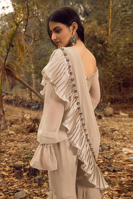 Shop Nitya Bajaj Grey Viscose Georgette, Brocade Pre-stitched Sharara Saree With Blouse at Aza Fashions Shop_Nitya Bajaj_Grey Viscose Georgette, Brocade Pre-stitched Sharara Saree With Blouse_at_Aza_Fashions