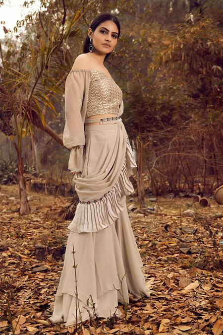 Nitya Bajaj Grey Viscose Georgette, Brocade Pre-stitched Sharara Saree With Blouse Online at Aza Fashions Nitya Bajaj_Grey Viscose Georgette, Brocade Pre-stitched Sharara Saree With Blouse_Online_at_Aza_Fashions