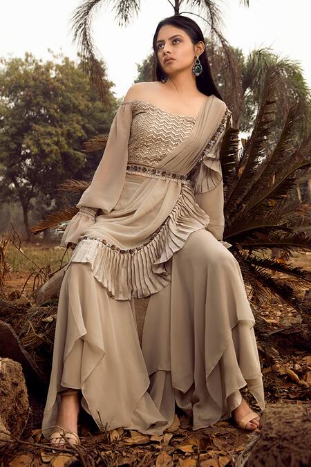 Buy Nitya Bajaj Grey Viscose Georgette, Brocade Pre-stitched Sharara Saree With Blouse Online at Aza Fashions Buy_Nitya Bajaj_Grey Viscose Georgette, Brocade Pre-stitched Sharara Saree With Blouse_Online_at_Aza_Fashions