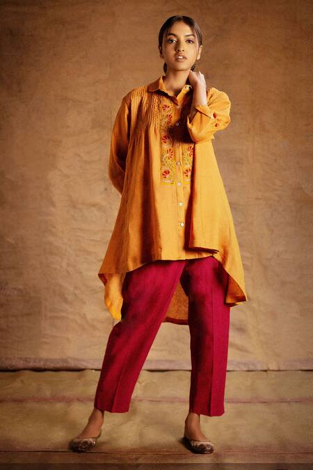 Buy Latha Puttanna Orange Linen Spread Collar Asymmetric Tunic Online at Aza Fashions Buy_Latha Puttanna_Orange Linen Spread Collar Asymmetric Tunic _Online_at_Aza_Fashions