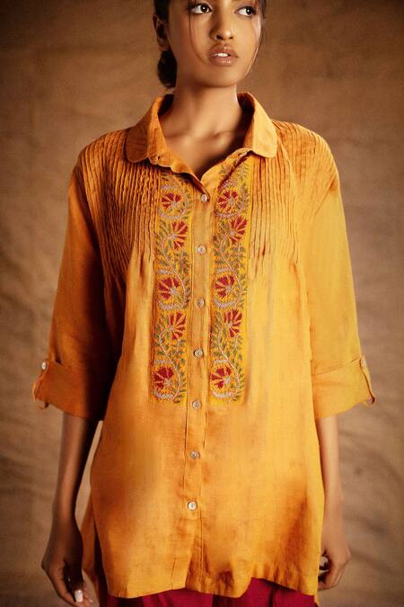 Shop Latha Puttanna Orange Linen Spread Collar Asymmetric Tunic Online at Aza Fashions Shop_Latha Puttanna_Orange Linen Spread Collar Asymmetric Tunic _Online_at_Aza_Fashions