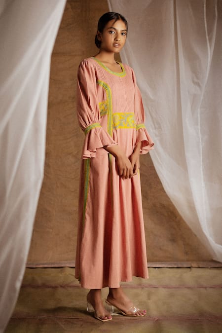 Latha Puttanna Peach Cotton Embroidery Round Pintuck Kurta And Pant Set Online at Aza Fashions Latha Puttanna_Peach Cotton Embroidery Round Pintuck Kurta And Pant Set _Online_at_Aza_Fashions