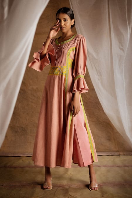 Buy Latha Puttanna Peach Cotton Embroidery Round Pintuck Kurta And Pant Set Online at Aza Fashions Buy_Latha Puttanna_Peach Cotton Embroidery Round Pintuck Kurta And Pant Set _Online_at_Aza_Fashions